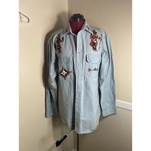Vtg Haleman American Jeans Native American Denim‎ Button Down Shirt Men's Sz L